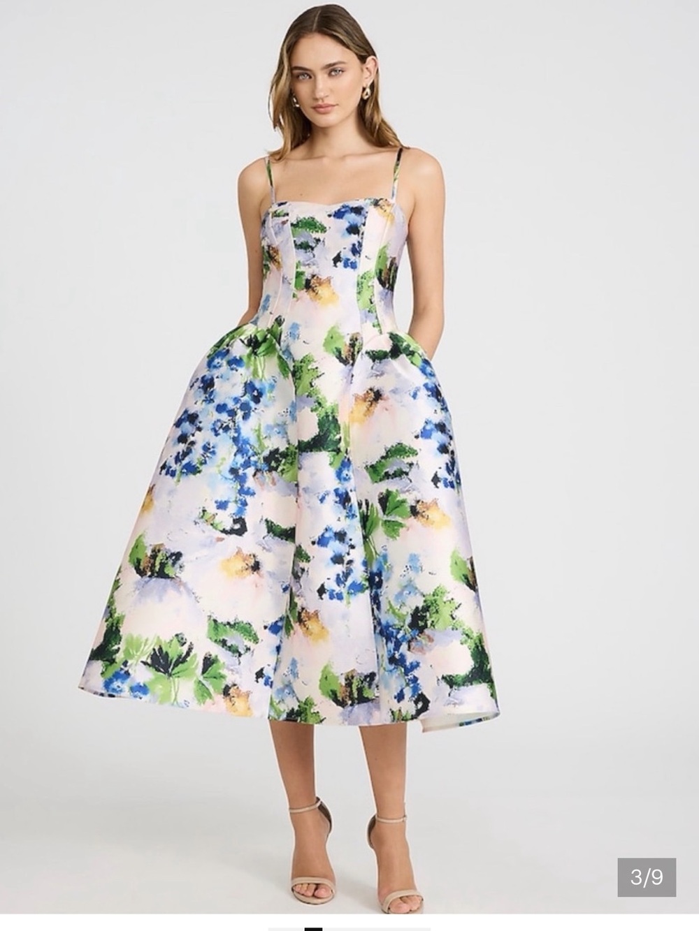 Express Floral Satin Sweetheart Basque Waist Midi Fit and Flare with Pockets